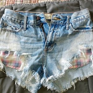 Abercrombie denim shorts with pink plaid pockets
